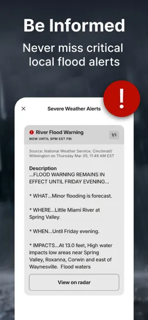 Severe Weather Alerts screen with a National Weather Service River Flood Warning for Spring Valley