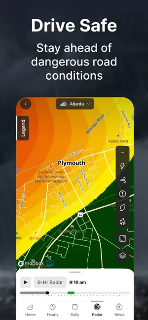 Color-shaded map layer over Plymouth with the 6-Hr Radar timeline set to 9:10 am