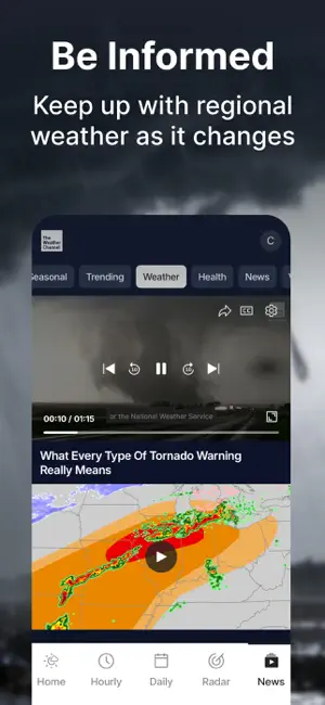 News tab playing a video titled What Every Type Of Tornado Warning Really Means