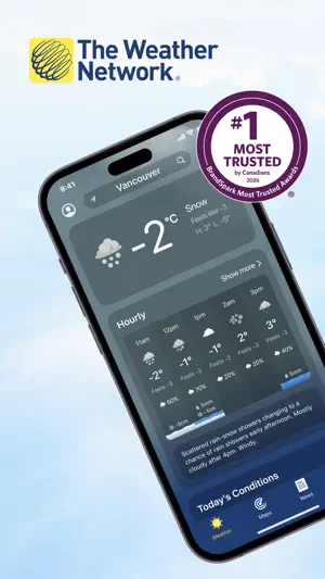 The Weather Network home screen for Vancouver at -2°C with snow and an hourly strip, beside a #1 Most Trusted by Canadians 2026 badge
