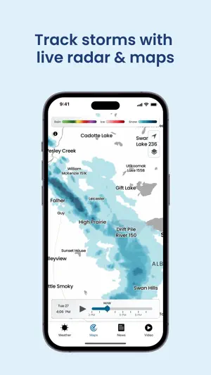 Radar map over northern Alberta with a rain, ice and snow legend and a timeline scrubber at 4:05 PM