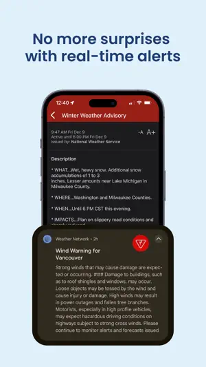 National Weather Service Winter Weather Advisory for Milwaukee County above a Wind Warning push notification for Vancouver