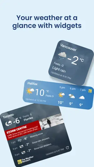 Three home screen widgets for Vancouver, Halifax and Toronto, one carrying a red Storm Centre live banner
