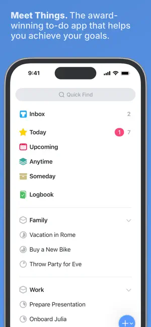 Sidebar listing Inbox, Today, Upcoming, Anytime and Someday