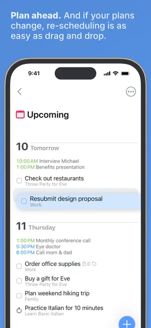Upcoming view with tasks being dragged between days