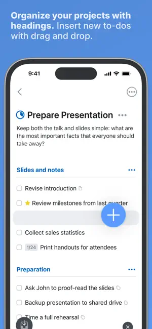 Project broken into headings with tasks under each