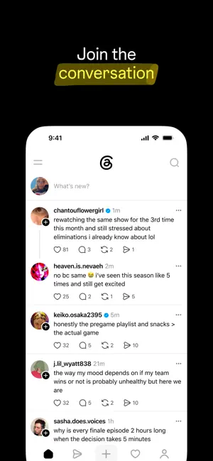 Feed of short text posts with reply, repost and share counts