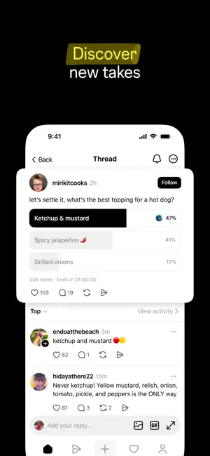 Poll inside a thread showing 47%, 41% and 12% with a countdown
