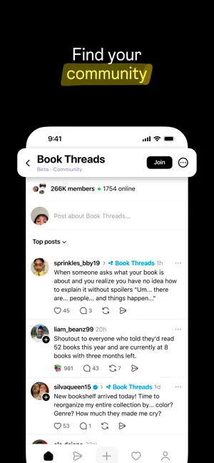 Book Threads community page listing 266K members and 1754 online
