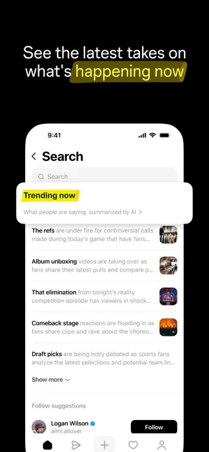 Search screen with a Trending now panel summarised by AI