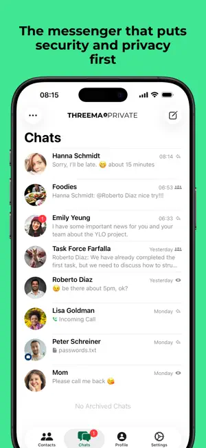 Chat list with contacts and group conversations