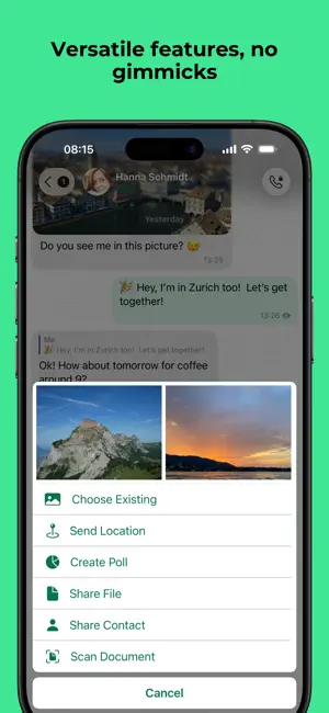 Attachment menu offering location, poll, file and document scanning