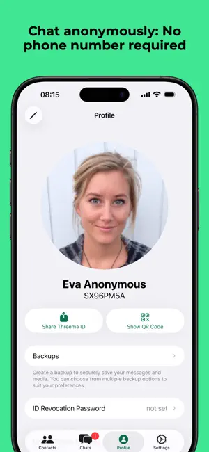 Profile showing an eight-character Threema ID instead of a number