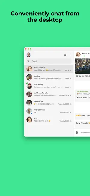 Desktop client paired with the phone showing the same chats