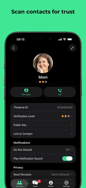 Contact page with verification level, public key and privacy settings