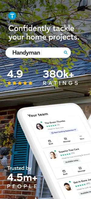 Confidently tackle your home projects banner above a Your team list with The Green Thumbs and Superior Tree Care and Book and Message buttons