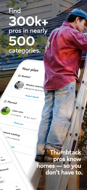 Your plan screen with a booked window cleaning, lawn care in progress and pressure washing awaiting a response, next to a 300k+ pros headline