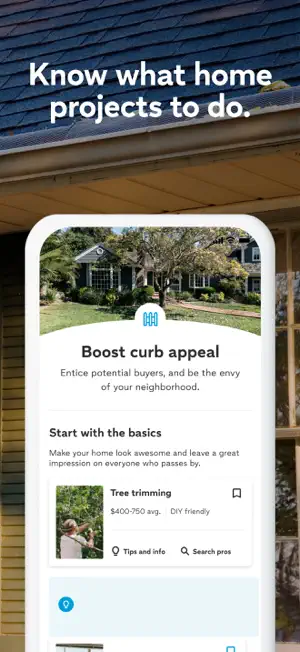 Boost curb appeal guide listing tree trimming at $400-750 average, marked DIY friendly, with Tips and info and Search pros links
