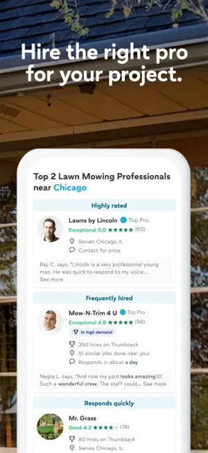 Top 2 Lawn Mowing Professionals near Chicago with Top Pro badges, hire counts, star ratings and a Contact for price label