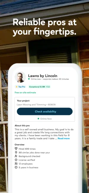 Lawns by Lincoln profile with a Free on-site estimate note, Check availability button and Background checked and License verified lines