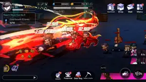 A pixel side-scrolling battle with a red slash effect and a party of chibi heroes
