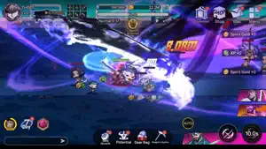 A blue burst attack against pixel enemies with a boss health bar at the top