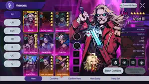 The Heroes screen with a grid of portraits and Vlad III in a red suit