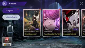 The Content menu with Dungeon and Infinite Tower cards — Gold Dungeon, Soul Crystal Dungeon, Iron Workshop