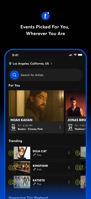 Personalised event feed with local concerts and trending artists
