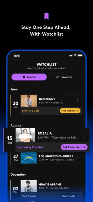 Watchlist tracking upcoming events with presale reminders