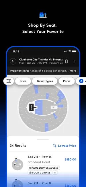 Seat map with price filters and listings from $180