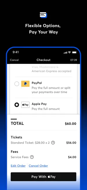 Checkout showing two tickets at $28.00 plus $4.00 in service fees