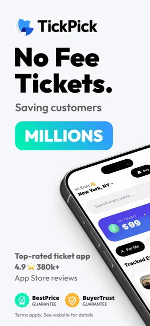 No Fee Tickets promo beside a home screen showing a $99 credit balance, BestPrice and BuyerTrust Guarantee badges