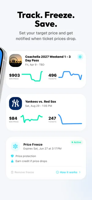 Tracked Coachella 2027 day pass and Yankees vs. Red Sox price charts above an active Price Freeze card