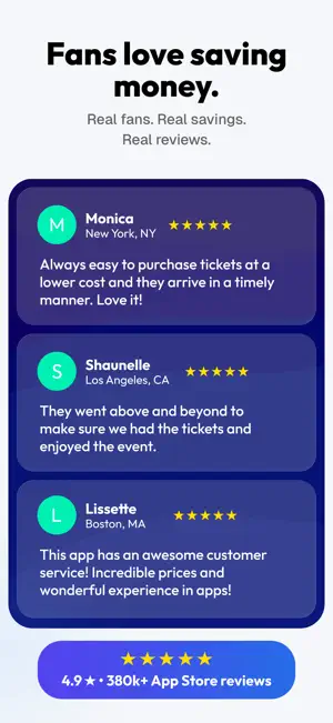 Promo frame with three five-star customer quotes from New York, Los Angeles and Boston and a 4.9-star banner