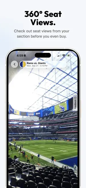 360-degree seat view from the lower bowl of a Rams vs. Giants game looking toward the field