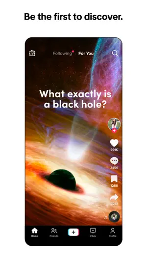 For You feed playing a black-hole video with 999K likes and 3456 comments