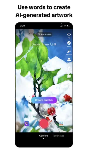 Camera screen generating AI artwork called Snow Tree Gift from a text prompt