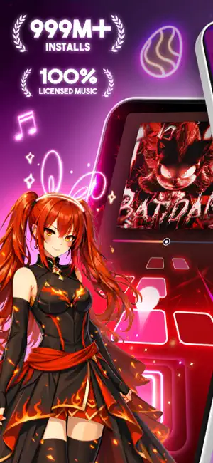 Promo art of an anime-style red-haired girl beside a phone playing a phonk track, under 999M+ Installs and 100% Licensed Music badges