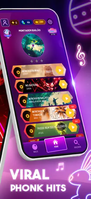 Home song list headed by Montagem Bailão, with Montagem Miau, No Batidão and Passo Bem Solto, above Balls, Home and Discover tabs