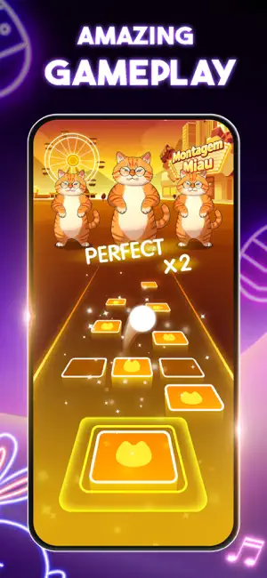Gameplay with a white ball hopping across orange paw-print tiles toward three dancing cartoon cats and a PERFECT x2 combo