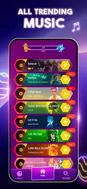 Trending list with Believer, Perfect labelled originally by Ed Sheeran, Let It Go by Idina Menzel and Hot-tagged phonk tracks