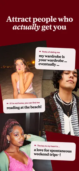 Three profile photos with prompt cards, including "If I'm not home, you can find me reading at the beach!"