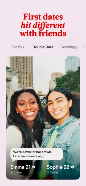 Double Date tab showing two friends' profiles side by side, aged 21 and 22, two and three miles away