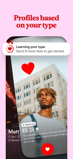 "Learning your type" banner asking for 8 more likes over a profile card marked Active now