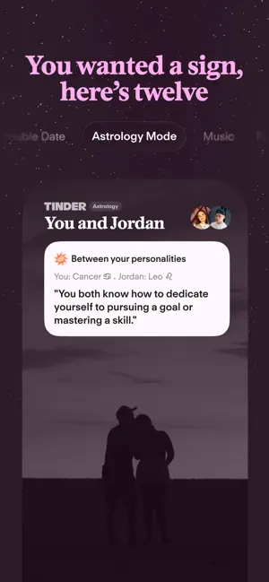 Astrology Mode card comparing a Cancer and a Leo, with Double Date and Music tabs beside it