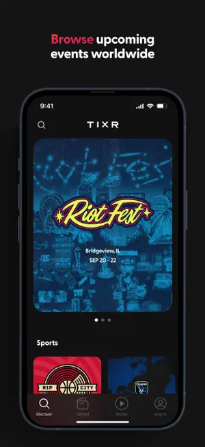 Discover tab led by a Riot Fest banner for Bridgeview, IL, September 20–22, with a Sports row below
