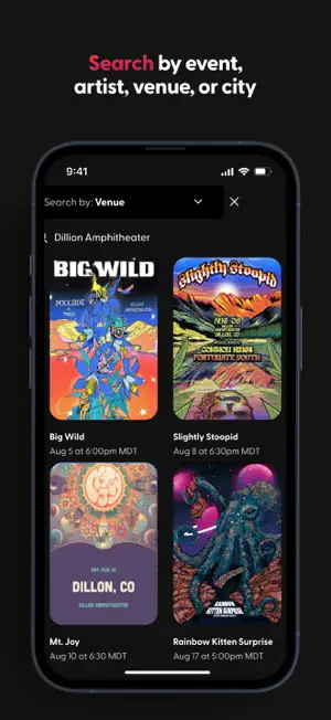 Search filtered by venue, showing Big Wild, Slightly Stoopid, Mt. Joy and Rainbow Kitten Surprise posters for August shows in Dillon, Colorado