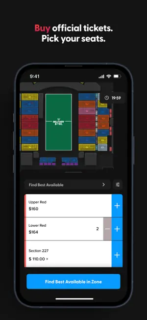 Military Bowl stadium seat map with a 19:59 checkout timer and zones priced at $160, $164 and from $110