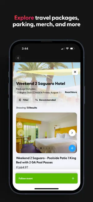 Weekend 2 Saguaro hotel package with 13 results, led by a poolside king room with two GA pool passes at $1,664.97